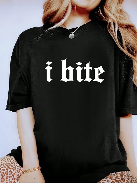 I Bite Gothic Blackletter Quote Minimal T-Shirt - 100% Cotton Women's Casual Short Sleeve Crew Neck T-Shirt For Spring & Summer