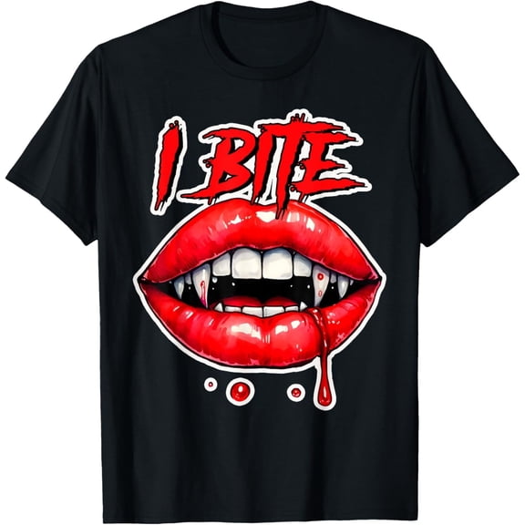 I Bite Sexy Red Lips Halloween Vampire Fangs T-Shirt