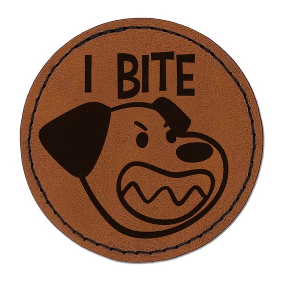 I Bite Tooth Dog Sharp Teeth Funny Pet Round Iron-On Engraved Faux Leather Patch Applique - 2.5 Inch - Brown