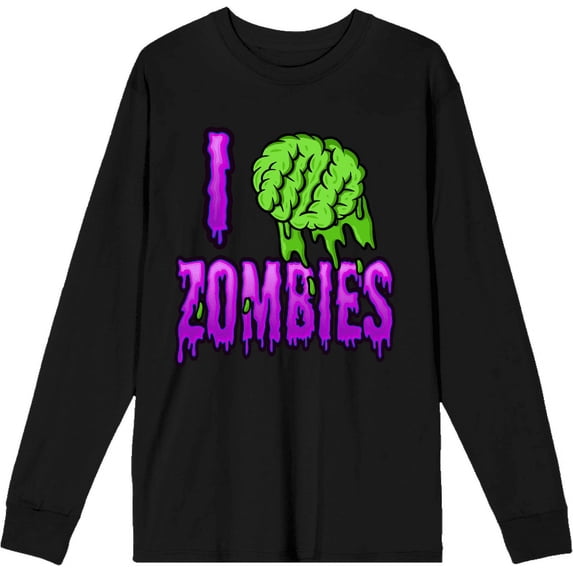 I (Brain) Zombies Adult Black Crew Neck Long Sleeve Tee-3XL