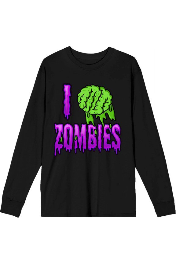I (Brain) Zombies Adult Black Crew Neck Long Sleeve Tee-Large