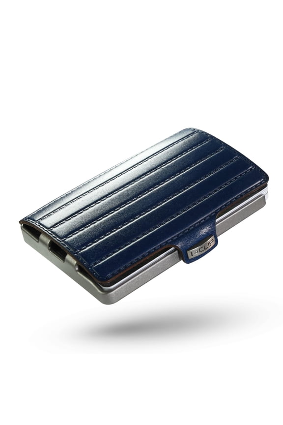 Original Slim Wallet - Leather Wallet with Money Clip - Mini Card Holder for up to 12 Cards - Ultra-Lightweight Design - Blue Saddle Leather - Silver Frame - Frequent Traveller Y101