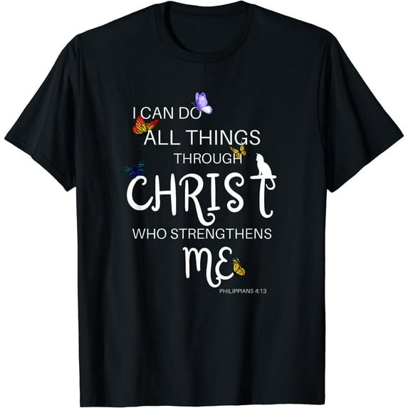 I Can Do All Things Through Christ Cat Religious T-Shirt Black 4X-Large
