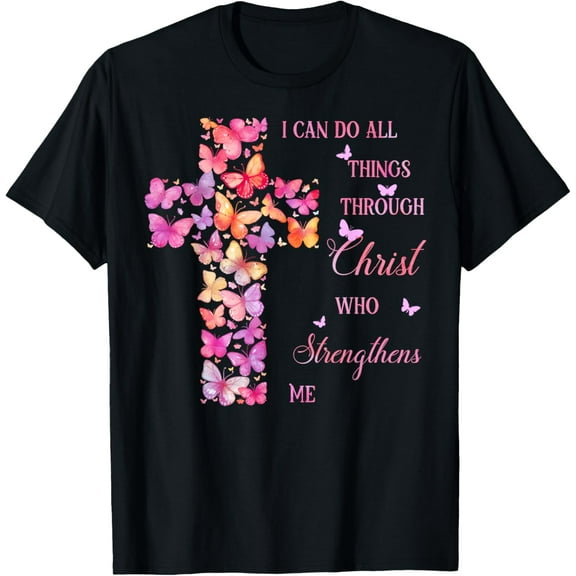 I Can Do All Things Through Christ Pink Butterfly Cross T-ShirtMen and women, Black T-shirt, size: Extra large