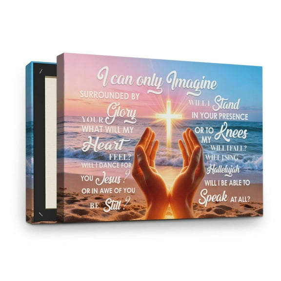 "I Can Only Imagine" Inspirational Wall Art Canvas, Praying Hands Cross and Sunset Christian Wall Decor, Beautiful Christian Art for Home Church Office - 16x24 inch