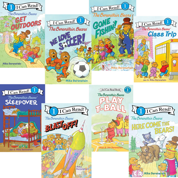 I Can Read Level 1 Berenstain Bears Collection : Blast Off; Here Come The Bears; Get Outdoors; We Love Soccer; Play T-Ball; Class Trip; Gone Fishin'; and Sleepover