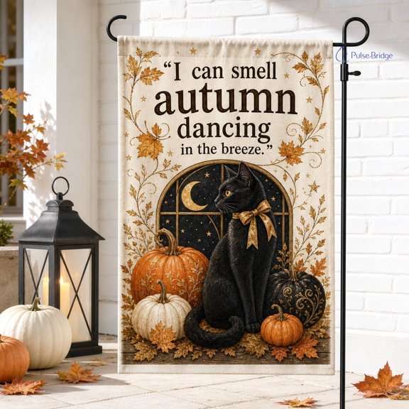 I Can Smell Autumn Dancing Garden Flag, Cute Black Cat & Pumpkins Outdoor Yard Art, Cute Black Cat Witch Outdoor Yard Banner