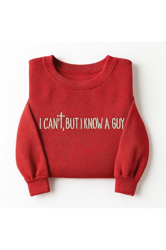 I Can’t, But I Know a Guy Embroidered Sweatshirt – Christian Faith Quote Crewneck
