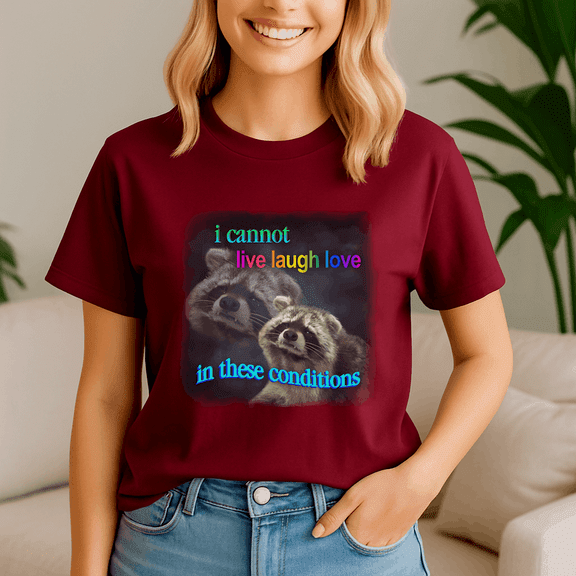 I Cannot Live Laugh Love In These Conditions Sad Raccoon Word Shirt, Meme Tee, Trending Tshirt, Funny Friend Gift, Quote Cute