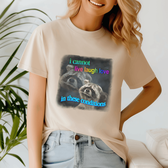 I Cannot Live Laugh Love In These Conditions Sad Raccoon Word Shirt, Meme Tee, Trending Tshirt, Funny Friend Gift, Quote Cute