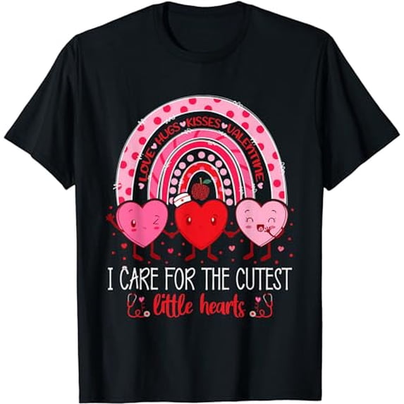 I Care For Cutest Little Hearts Nurses Valentine Day Rainbow T-Shirt