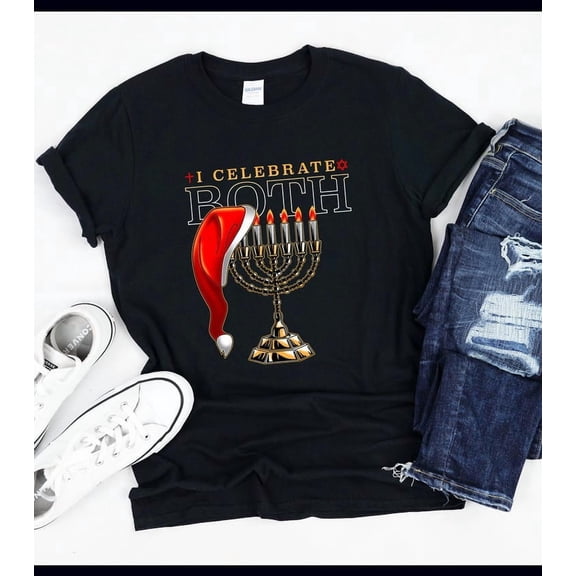 I Celebrate Both Funny Jewish Hanukkah Holiday Unisex T-Shirt for Christmas Gift up to 5XL