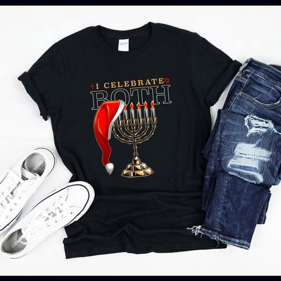 I Celebrate Both Hanukkah Jewish Ugly Christmas Sweater Novelty Tee,for men and women up to 5XL