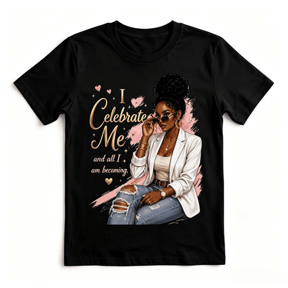I Celebrate Me Metallic Golden Typography Graphic unisex soft cotton short sleeve t shirt, vintage graphic casual tee