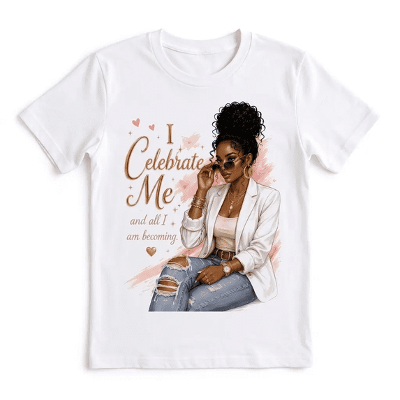 I Celebrate Me Metallic Golden Typography Graphic unisex soft cotton short sleeve t shirt, vintage graphic casual tee