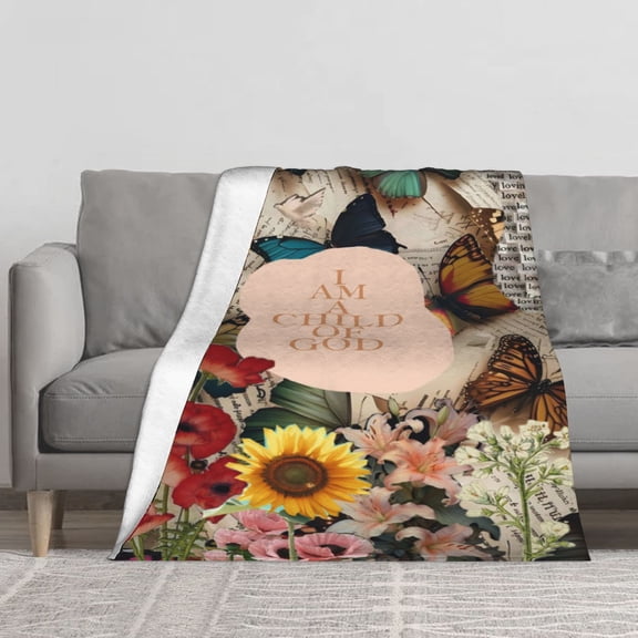 I Am a Child of God Flannel Throw Blanket Sunflower Butterfly Religious Christian Inspirational Quotes Soft Warm Plush Fleece Blanket for Sofa Bed Couch Travel Office Home Decor