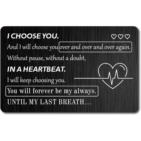 I Choose You Engraved Wallet Insert Metal Wallet Card Insert Mini Love Notes Inspirational Romantic Gift for Men Boyfriend Husband College Wedding Birthday Valentine Christmas