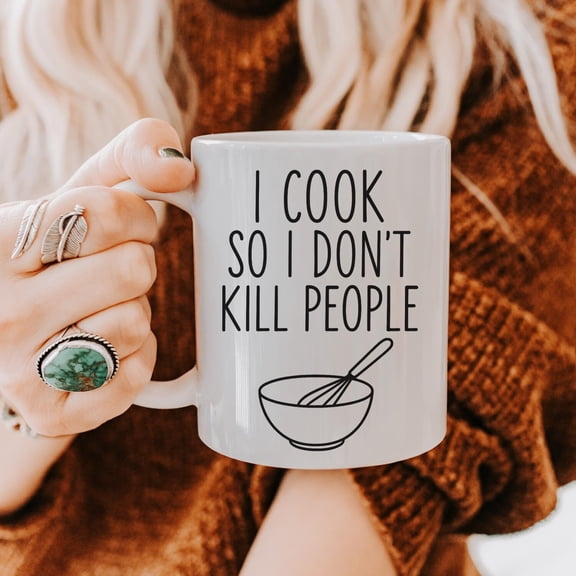 I Cook So I Dont Kill People Mug, Funny Kitchen Humor Coffee Cup, Sarcastic Cooking Gift for Home Chefs