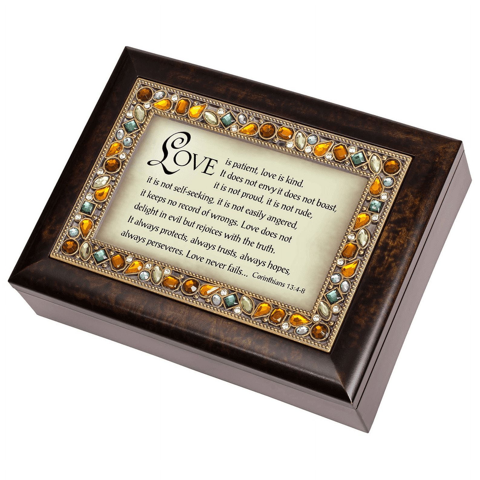 I Corinthians 13:4-6 Italian Style Burlwood Finish Jewel Lid Music Jewelry Box Plays Amazing Grace