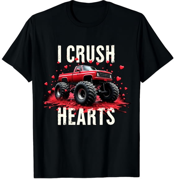 I Crush Hearts Valentines Day Monster Truck Graphic Crew Neck Short Sleeve T-Shirts (Men's, Women's)