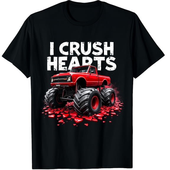 I Crush Hearts Valentines Day Monster Truck Graphic Crew Neck Short Sleeve T-Shirts (Men's, Women's)