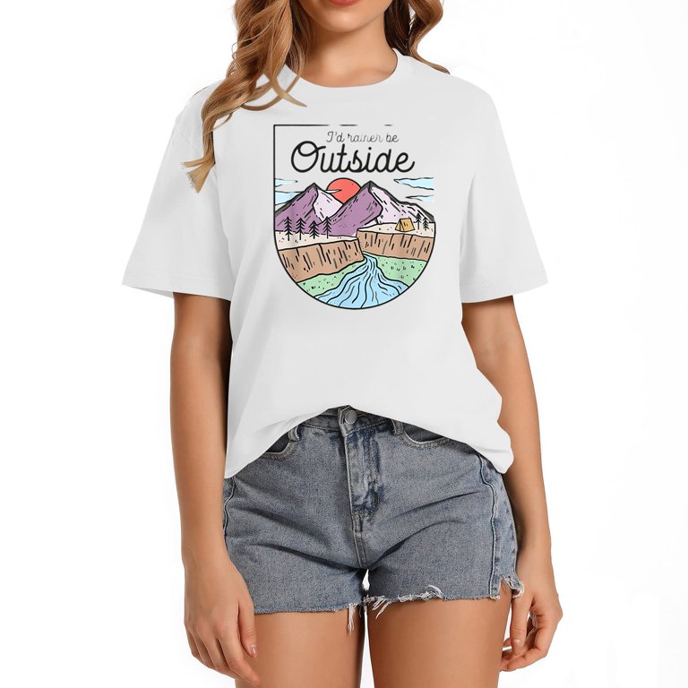 I’D Rather Be Outside Camping Shirt Retro Mountain Women's Graphic Tee,  Short Sleeve Summer Top