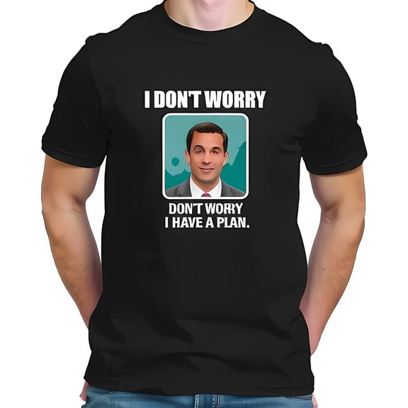 I DON'T WORRY T-Shirt - Confident Man in Suit Graphic Tee with 'DON'T WORRY I HAVE A PLAN' - Humorous Black Shirt