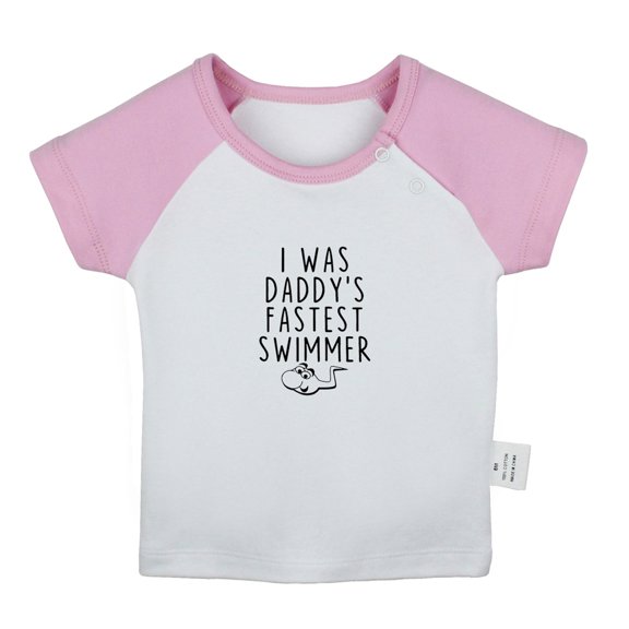 I was Daddy's Fastest Swimmer Funny T shirt For Baby, Newborn Babies T-shirts, Infant Tops, 0-24M Kids Graphic Tees Clothing (Short Pink Raglan T-shirt, 6-12 Months)