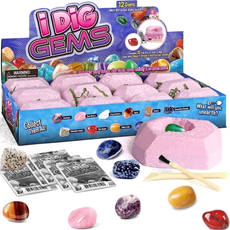 Piano Potato 12-Pack Gem Dig Kit, Individually Wrapped Pink Diamond Dig Blocks with 12 Real Natural Crystals & Mining Tools,Rock Mineral Collection Party Favors Birthday Gifts for Kids Ages 6-12