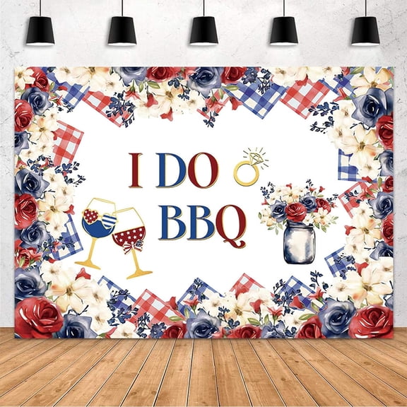I Do BBQ Backdrop with Red White and Blue Colors Flowers for Couples Wedding Engagement Couples Bridal Baby Shower Birthday Party Supplies Banner