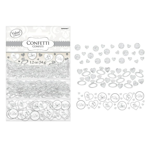 I Do, Mr. & Mrs., Love, and Wedding Rings Confetti in White and Silver - 1.2 Ounce Bag (370148)