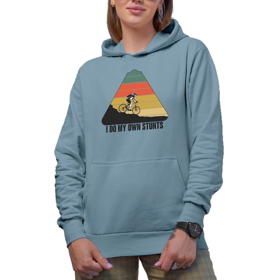 I Do My Own Stunts with Cyclist or Biker, Light Blue Hooded Sweatshirt or Hoodie, Large