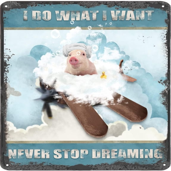 I Do What I Want,Never Stop Dreaming,Pig Vintage Tin Sign Pig Wall Art Inspirational Quote Sign for Bedroom Bathroom Square Metal Sign 12x12 Inches