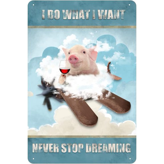 I Do What I Want,Never Stop Dreaming,Pig Vintage Tin Sign Animal Wall Art Inspirational Quote Sign for Bedroom Living Room Bathroom Metal Sign 12x8 Inch