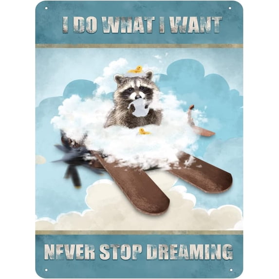 I Do What I Want,Never Stop Dreaming,Raccoon Vintage Tin Sign Raccoon Wall Art Inspirational Quote Sign for Bedroom Living Room Bathroom Metal Sign 12x16 Inch
