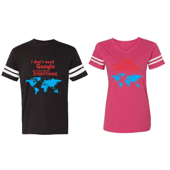 I Don' T Need Google My Wife knows Everything I 'm Google Matching Couple Cotton Jerseys (Men Black / Women Pink) (Men XXXL / Women XXL)