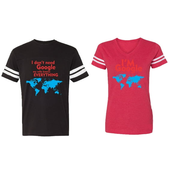 I Don' T Need Google My Wife knows Everything I 'm Google Matching Couple Cotton Jerseys (Men Black / Women Red) (Men M / Women L)