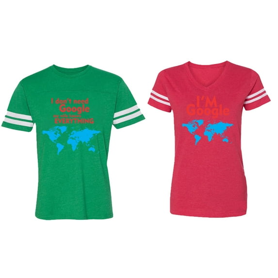 I Don' T Need Google My Wife knows Everything I 'm Google Matching Couple Cotton Jerseys (Men Green / Women Red) (Men S / Women XXL)