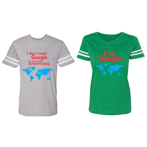 I Don' T Need Google My Wife knows Everything I 'm Google Matching Couple Cotton Jerseys (Men Heather / Women Green) (Men XL / Women XL)