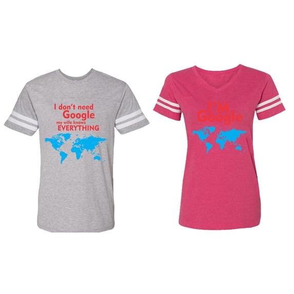 I Don' T Need Google My Wife knows Everything I 'm Google Matching Couple Cotton Jerseys (Men Heather / Women Pink) (Men S / Women L)