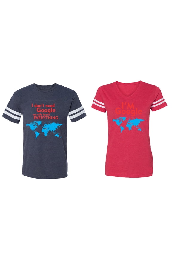I Don' T Need Google My Wife knows Everything I 'm Google Matching Couple Cotton Jerseys (Men Navy / Women Red) (Men M / Women M)