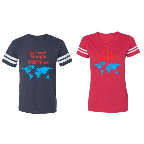 I Don' T Need Google My Wife knows Everything I 'm Google Matching Couple Cotton Jerseys (Men Navy / Women Red) (Men XXL / Women XXL)