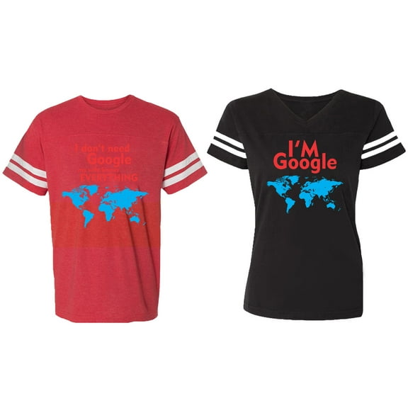 I Don' T Need Google My Wife knows Everything I 'm Google Matching Couple Cotton Jerseys (Men Red / Women Black) (Men S / Women S)