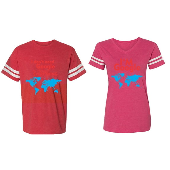 I Don' T Need Google My Wife knows Everything I 'm Google Matching Couple Cotton Jerseys (Men Red / Women Pink) (Men XL / Women XXL)