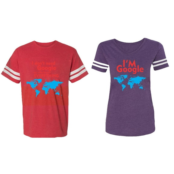 I Don' T Need Google My Wife knows Everything I 'm Google Matching Couple Cotton Jerseys (Men Red / Women Purple) (Men L / Women L)