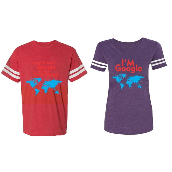 I Don' T Need Google My Wife knows Everything I 'm Google Matching Couple Cotton Jerseys (Men Red / Women Purple) (Men S / Women M)