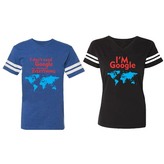 I Don' T Need Google My Wife knows Everything I 'm Google Matching Couple Cotton Jerseys (Men Royal / Women Black) (Men XXL / Women L)