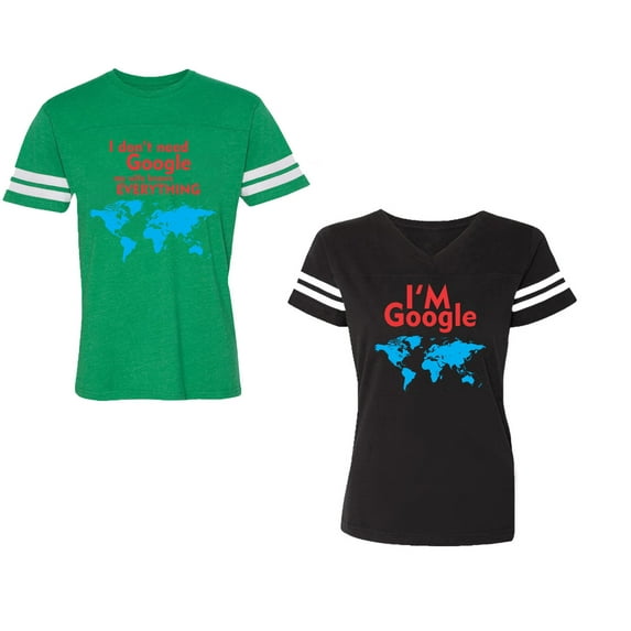 I Don' T Need Google My Wife knows Everything I 'm Google Unisex Couple Matching Cotton Jersey style T-Shirt Contrasting stripes on sleeves (Men Green / Women Black) (Men S / Women S)