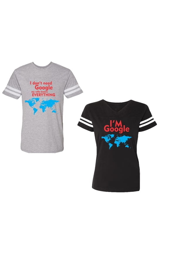 I Don' T Need Google My Wife knows Everything I 'm Google Unisex Couple Matching Cotton Jersey style T-Shirt Contrasting stripes on sleeves (Men Heather / Women Black) (Men M / Women XL)