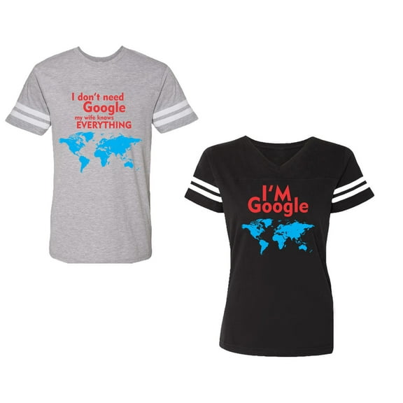 I Don' T Need Google My Wife knows Everything I 'm Google Unisex Couple Matching Cotton Jersey style T-Shirt Contrasting stripes on sleeves (Men Heather / Women Black) (Men S / Women S)